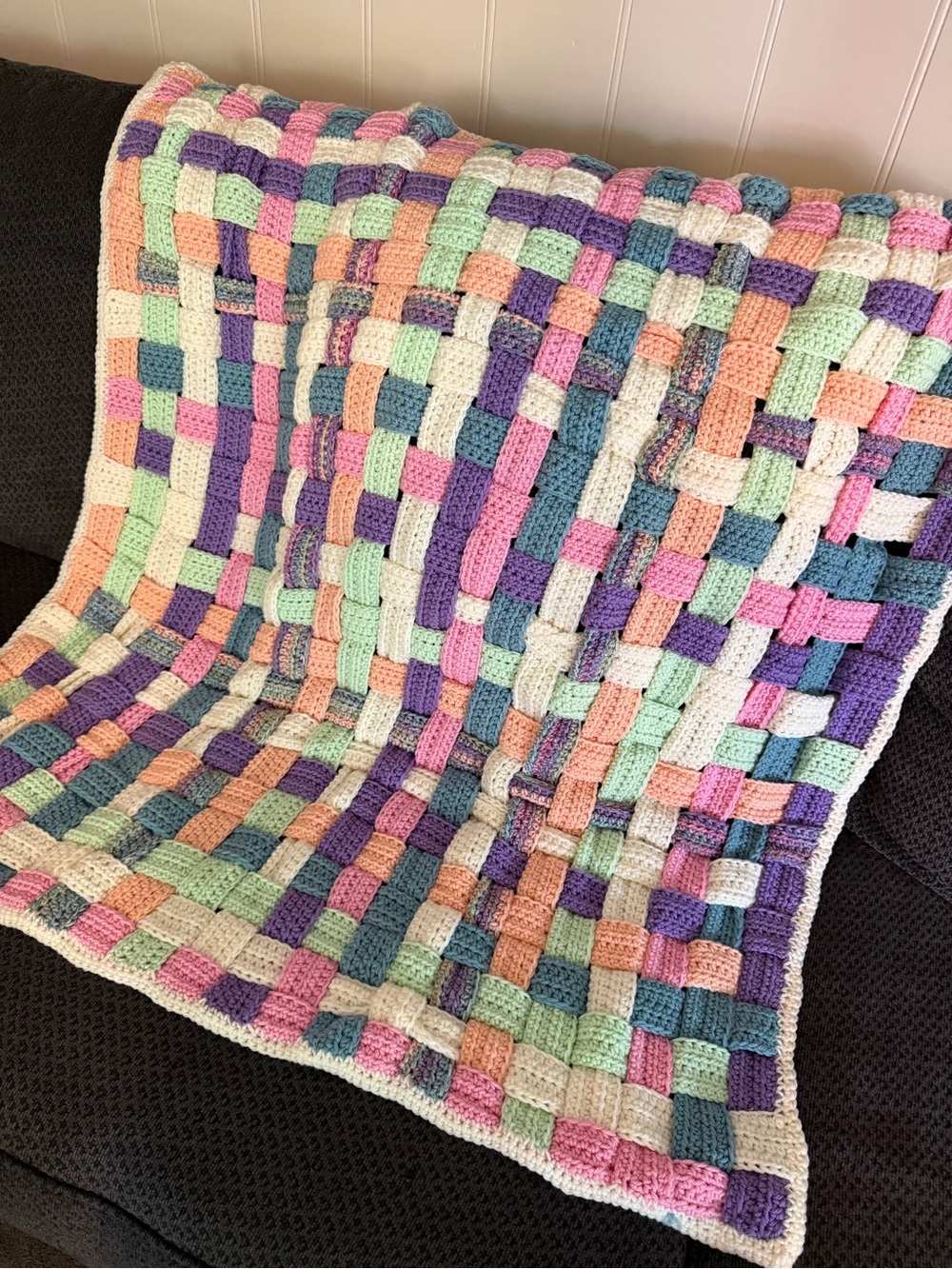 Handmade Crocheted Pastel Woven Throw - Multicolor. 40x42 100% Acrylic